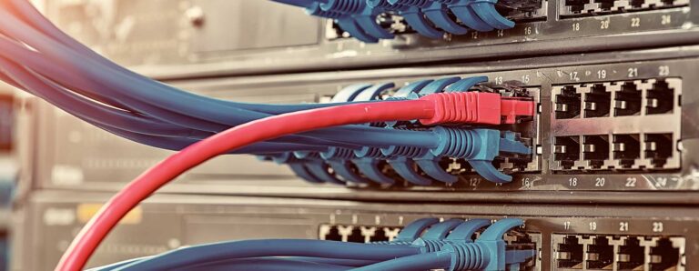 Detailaufnahme von Netzwerkkabeln in einem Schaltschrank. ein Kabel davon ist rot.